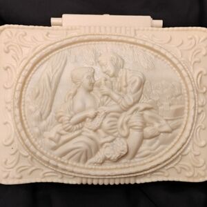 Vtg Victorian Scene Ornate Celluloid Trinket Jewelry Box Hong Kong w/Mirror